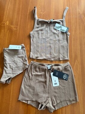 Organic Basics Ribbed Tank, High-Rise Brief & Lounge Shorts Set in Taupe